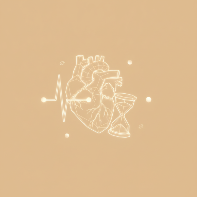 a stylized low-poly wireframe heart-pulse line silhouette with a small hourglass shape nested beside it and a few gentle