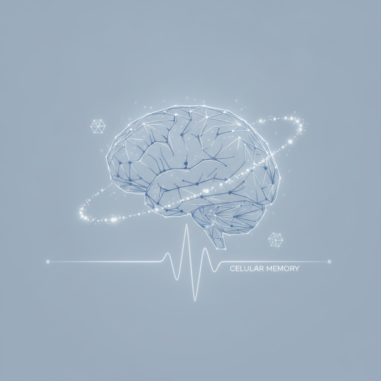 a stylized low-poly wireframe brain silhouette in profile with three small hexagonal lattice-node shapes orbiting it and