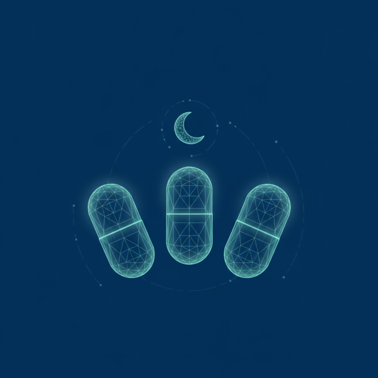 a stylized low-poly wireframe row of three capsule silhouettes arranged in an arc with a small crescent moon icon centre