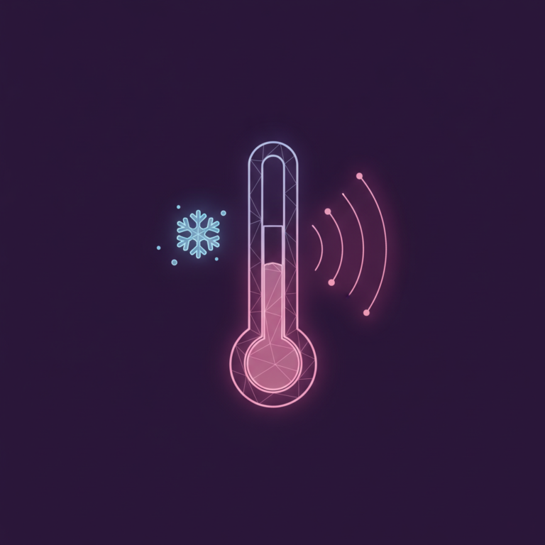 a stylized low-poly wireframe thermometer silhouette with a small snowflake icon positioned to one side and soft radiant