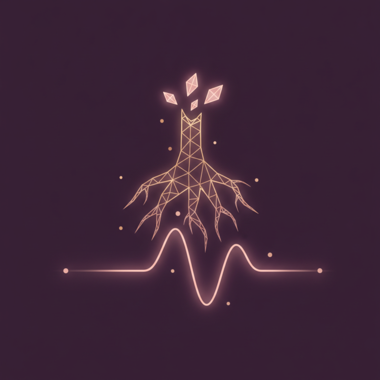 a stylized low-poly wireframe gnarled root silhouette with a few small leaf-bud shapes emerging from its upper tips and