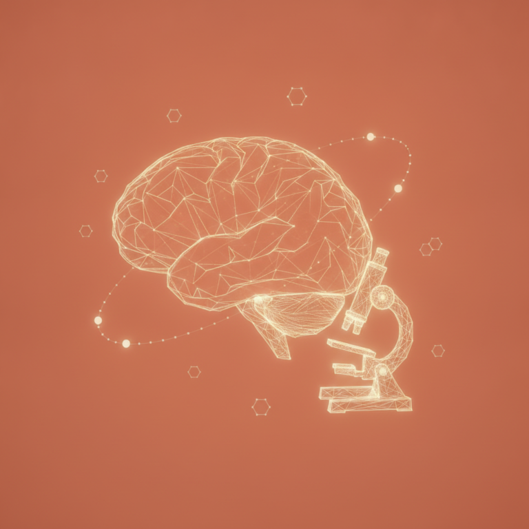 a stylized low-poly wireframe brain silhouette in profile with a small microscope silhouette positioned beside it and a