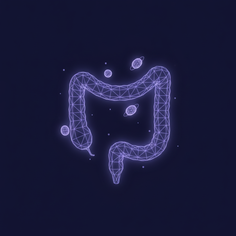 a stylized low-poly wireframe looped-tube silhouette suggesting an intestinal tract with three small rounded microorgani