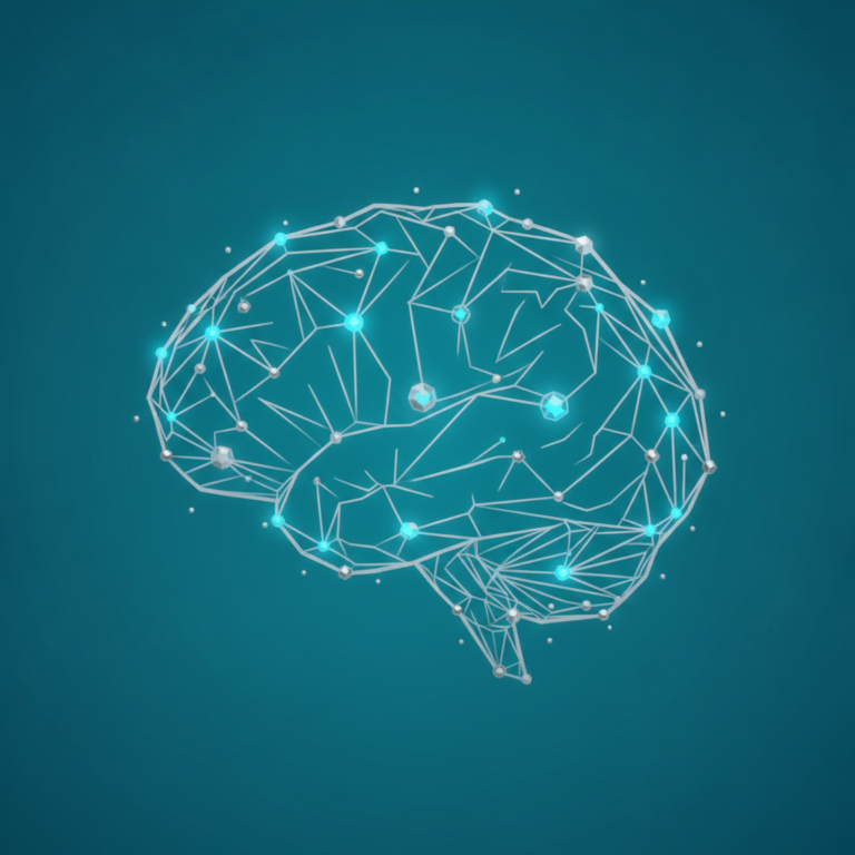 a stylized low-poly wireframe brain silhouette with small crystalline molecular nodes at the synapses