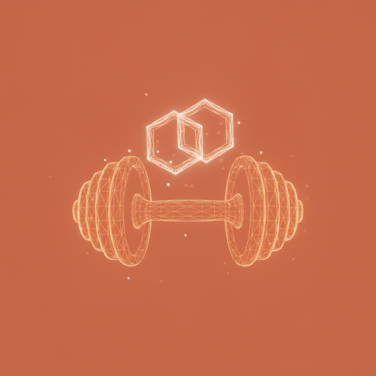 a stylized low-poly wireframe dumbbell with two interconnected molecular hexagon rings floating above it