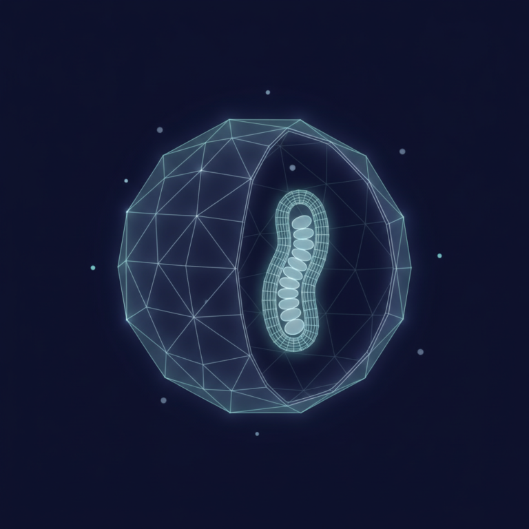 a stylized low-poly wireframe cell with a mitochondria cross-section showing inner membrane folds
