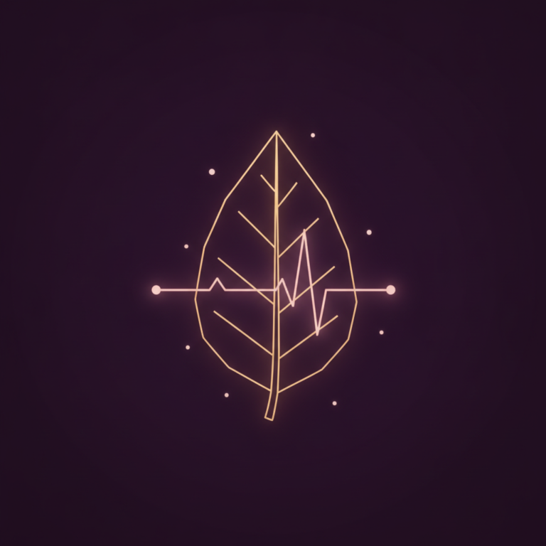 a stylized low-poly wireframe leaf silhouette with a small heart-pulse line