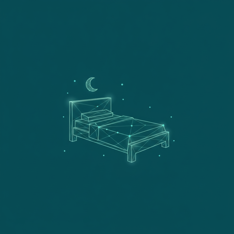 a stylized low-poly wireframe bed silhouette with a small crescent moon icon