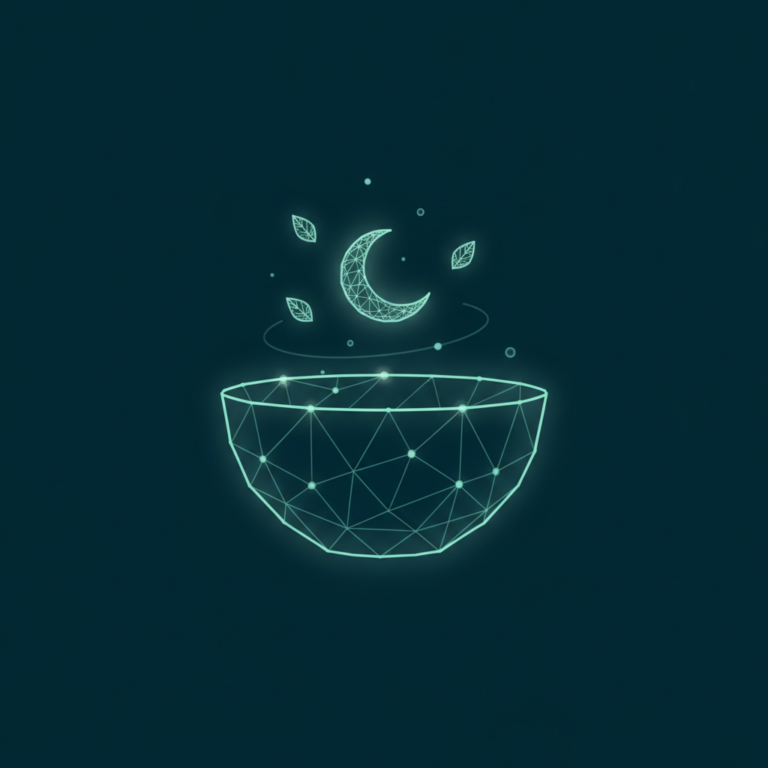 a stylized low-poly wireframe bowl-silhouette with a small crescent moon icon and three small leaf shapes orbiting above