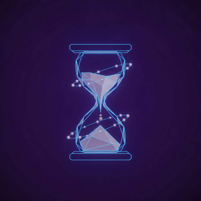 a stylized low-poly wireframe hourglass silhouette with small orbiting molecular-bond nodes at each bulb