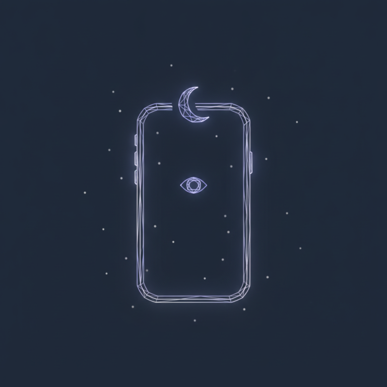 a stylized low-poly wireframe smartphone silhouette with a small closed-eye dot and gentle crescent moon icon above it