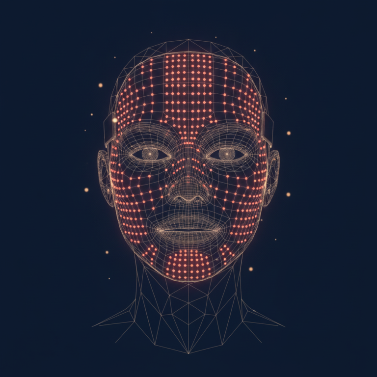 a stylized low-poly wireframe face silhouette wearing an LED mask, with evenly distributed light-point arrays across the