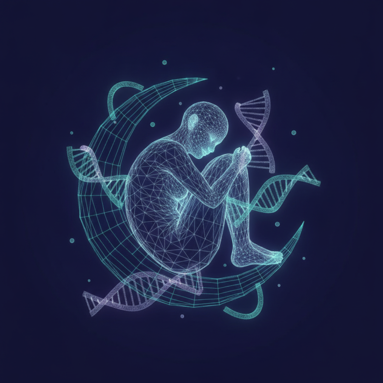 a stylized low-poly wireframe sleeping figure curled in a crescent moon shape with cellular DNA helix threads woven thro