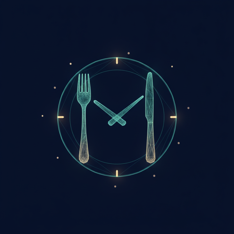 a stylized low-poly wireframe clock face with an eating fork and knife forming the clock hands, set against a minimal pl