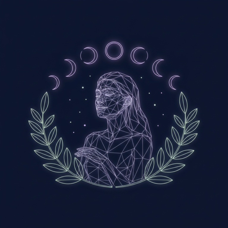 a stylized low-poly wireframe silhouette of a woman resting peacefully, framed by gentle botanical leaf arcs and soft ge