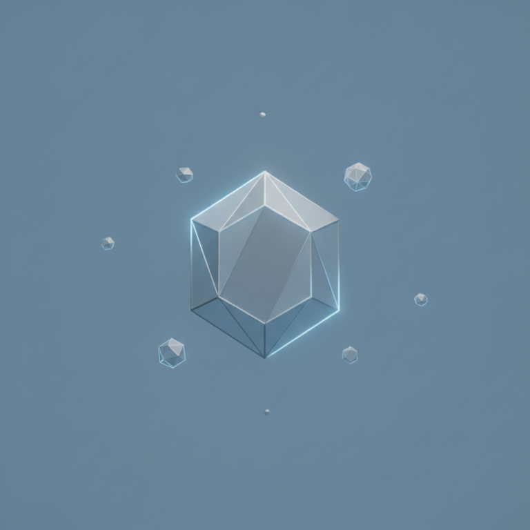 a stylized low-poly wireframe hexagonal mineral-crystal silhouette with three orbiting smaller geometric facet shapes an