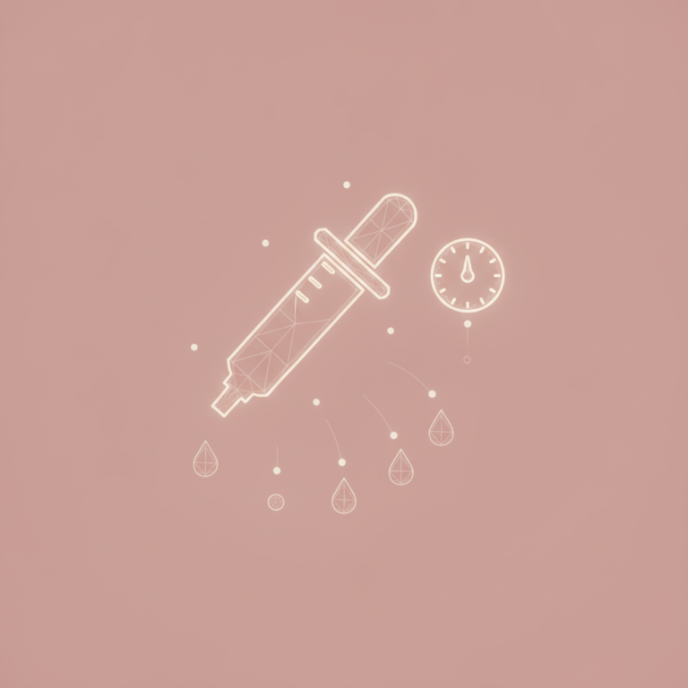 a stylized low-poly wireframe dropper-syringe silhouette with a small circular dose-dial icon beside it and three descen
