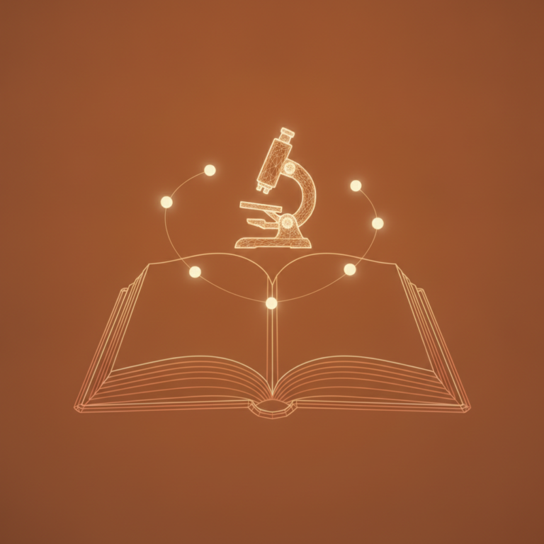 a stylized low-poly wireframe open-book silhouette with a small microscope icon rising from its pages and a few orbiting