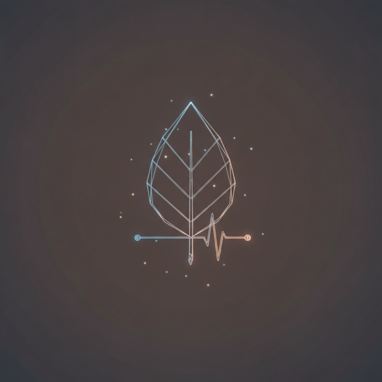 a stylized low-poly wireframe sunburst silhouette with alternating long and short rays and a small leaf-sprout icon cent