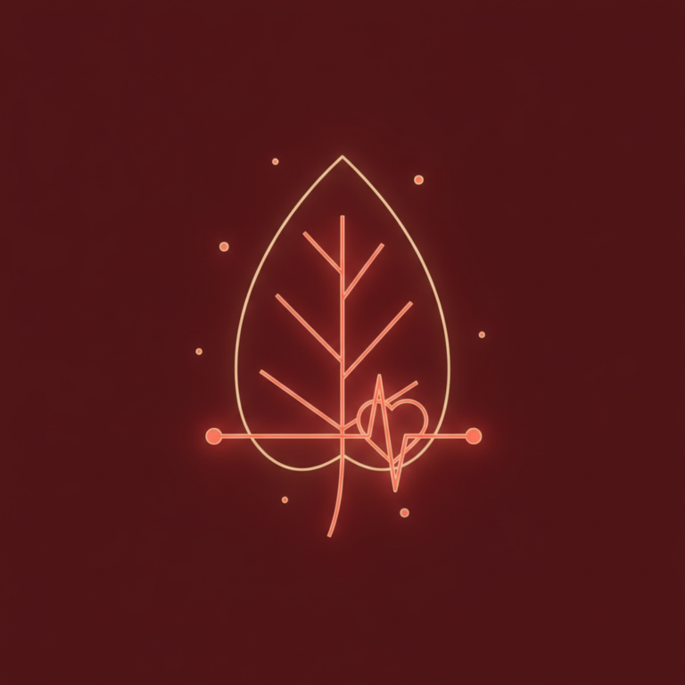 a stylized low-poly wireframe leaf silhouette with a small heart-pulse line