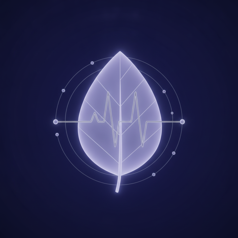 a stylized low-poly wireframe leaf silhouette with a small heart-pulse line