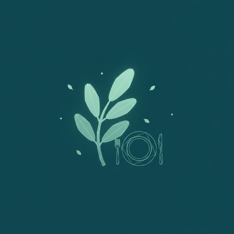a stylized low-poly wireframe olive branch silhouette with three rounded leaves and a small plate-and-fork outline neste