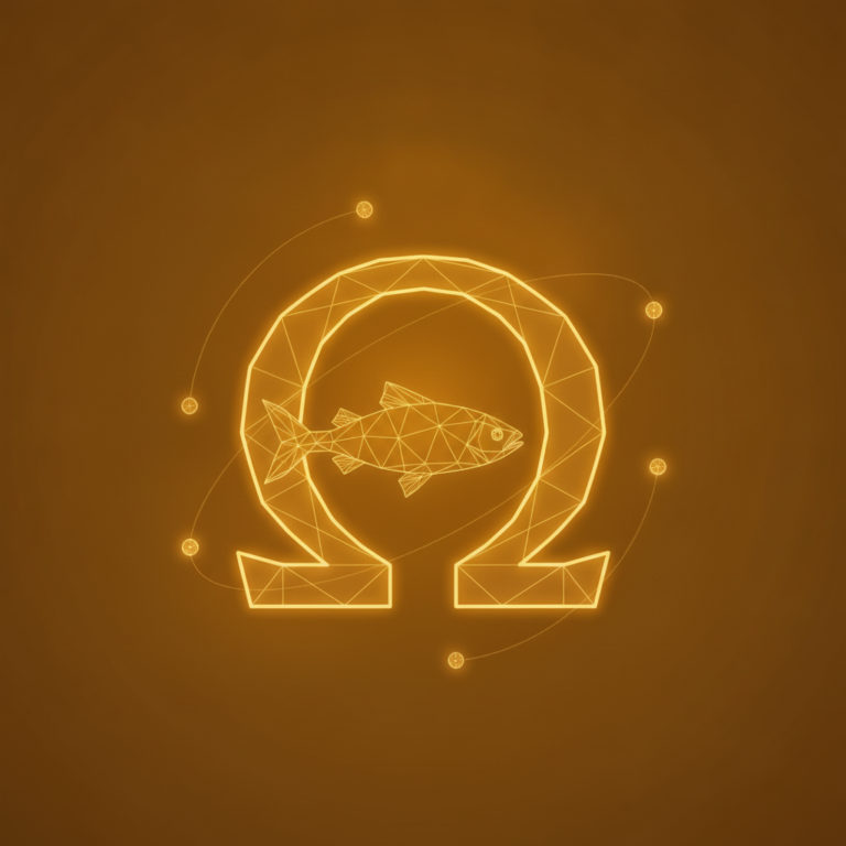 a stylized low-poly wireframe omega symbol silhouette with a small fish-body outline woven through its lower arc and a f