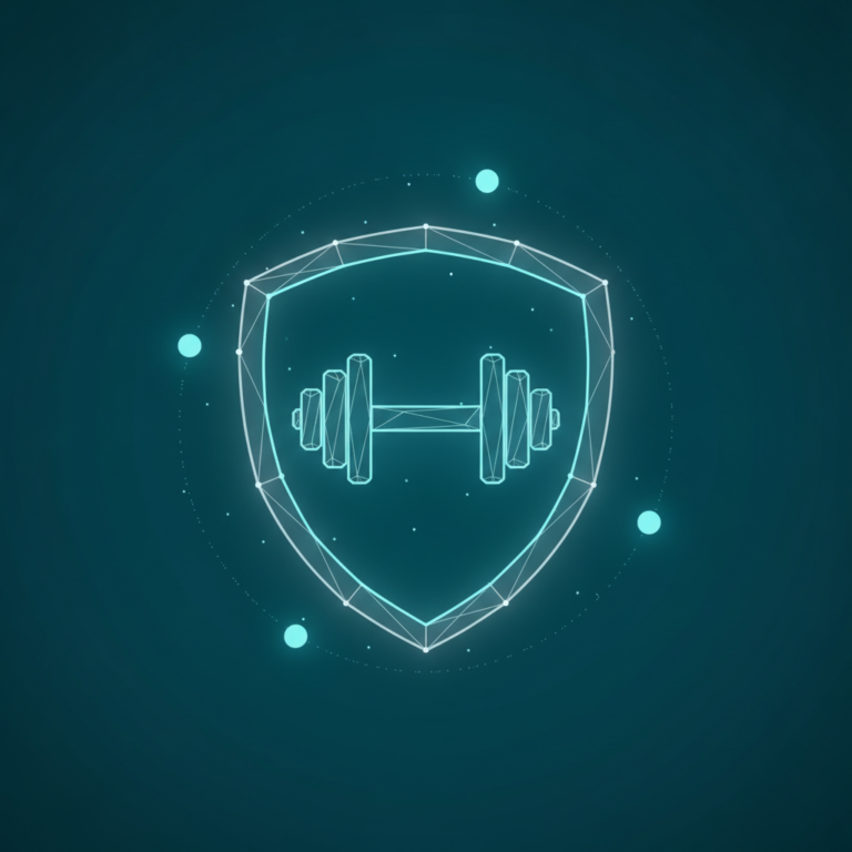 a stylized low-poly wireframe shield silhouette with a minimalist dumbbell outline centred inside it and three small orb