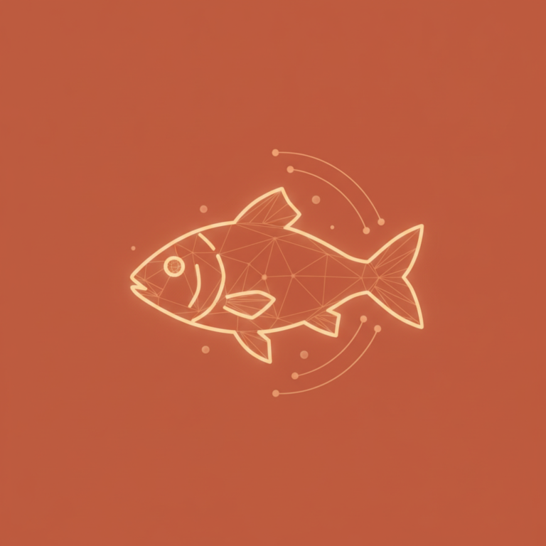 a stylized low-poly wireframe fish silhouette in side profile with three radiating arc lines fanning outward from its mi