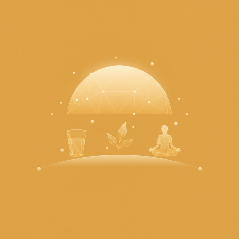 a stylized low-poly wireframe sunrise arc silhouette with a small water-glass icon, a leaf sprig, and a meditation-pose