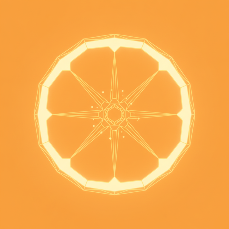 a stylized low-poly wireframe citrus-slice silhouette in cross-section with a small hexagonal molecular ring at the cent
