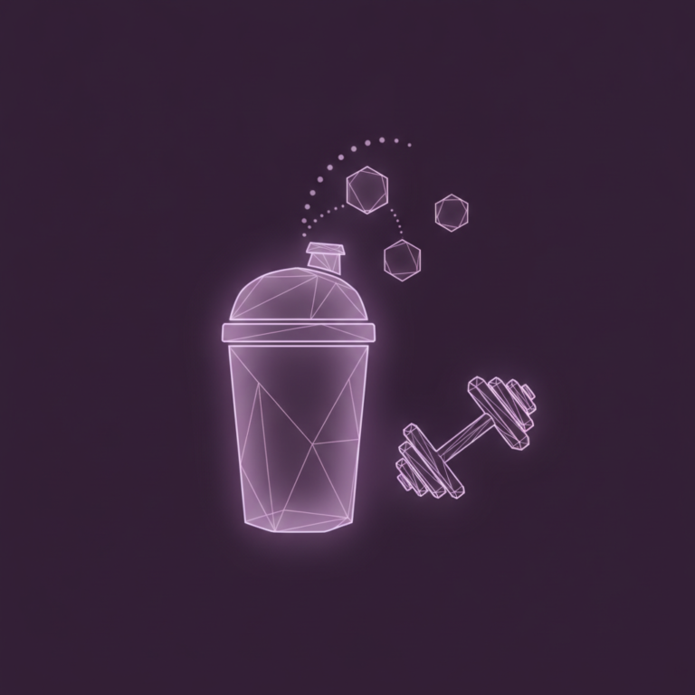 a stylized low-poly wireframe protein-shake bottle silhouette with a small dumbbell icon beside it and three scattered a