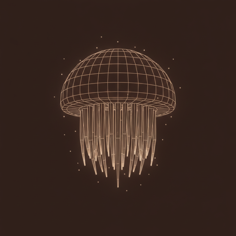 a stylized low-poly wireframe mushroom silhouette with a rounded dome cap and cascading spine-like projection lines hang
