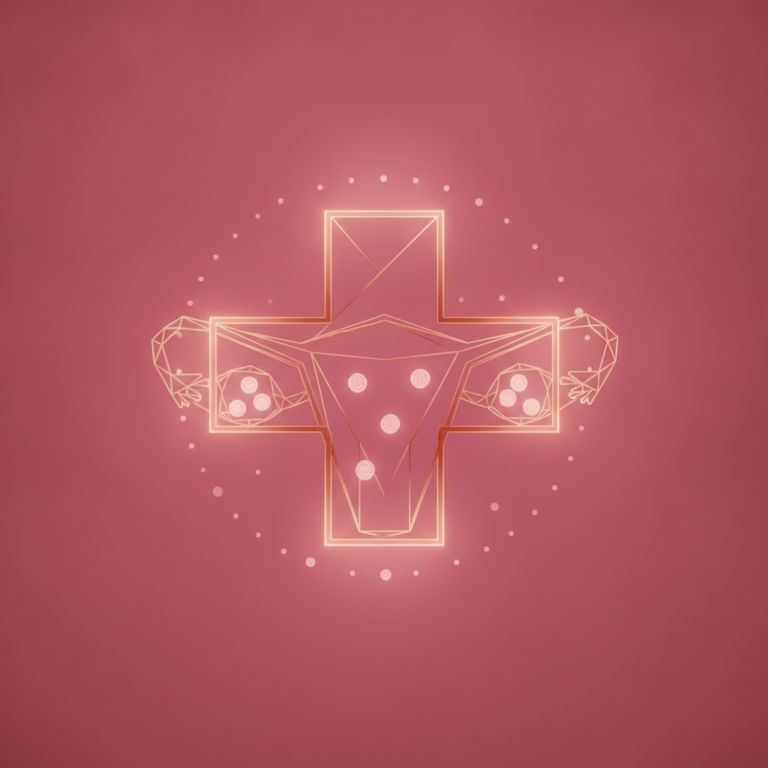 a stylized low-poly wireframe medical cross with ovary outline and follicle dots
