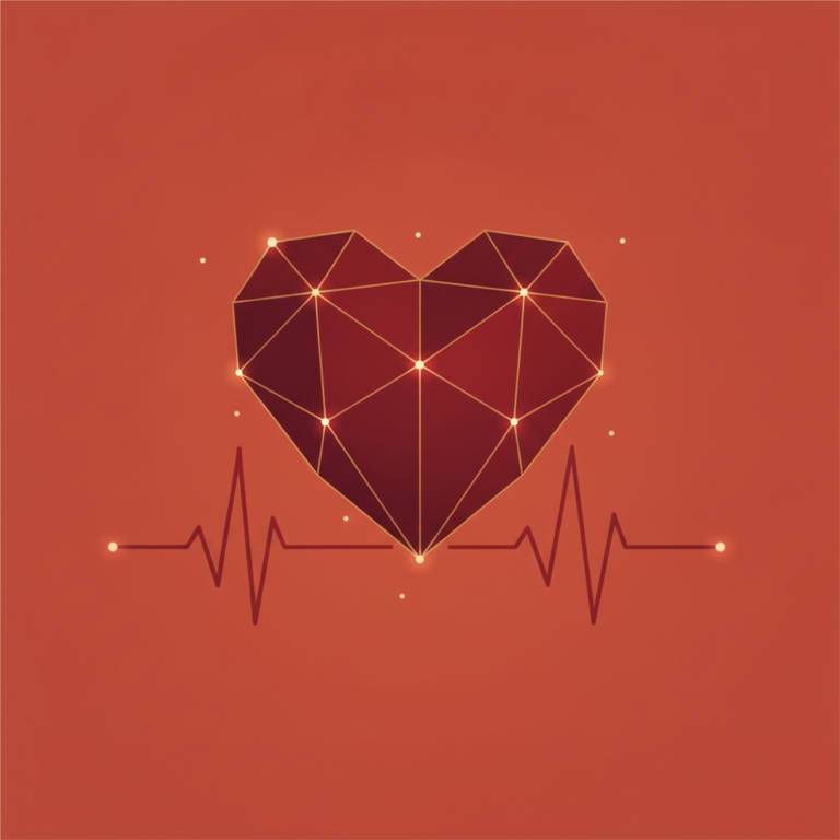 a stylized low-poly wireframe heart with subtle pulse line below it