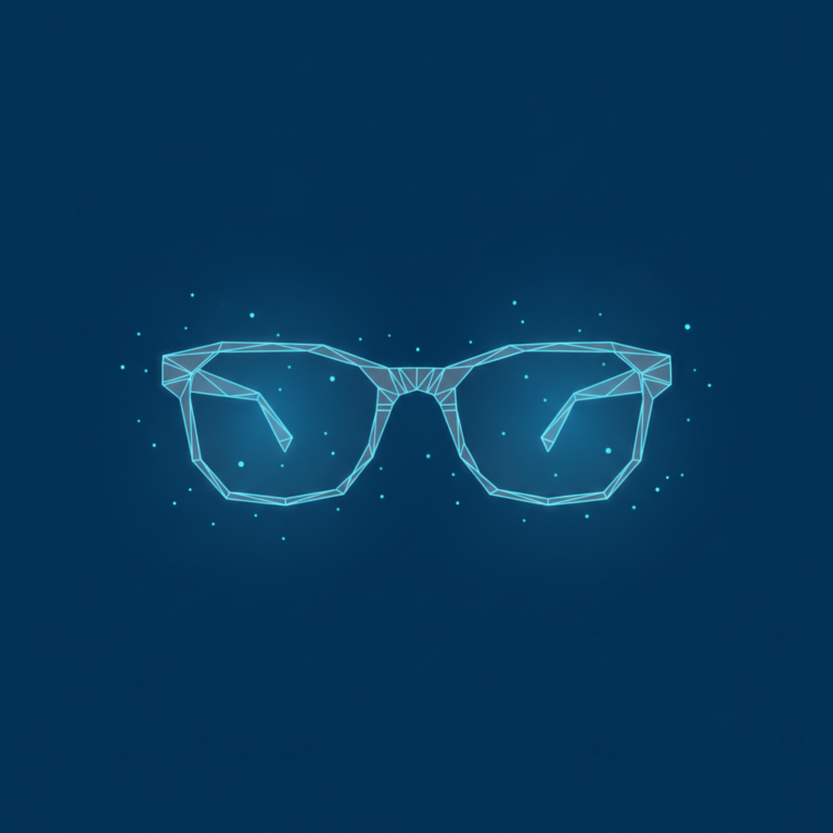 a stylized low-poly wireframe pair of glasses with soft blue light rays emanating from the lenses