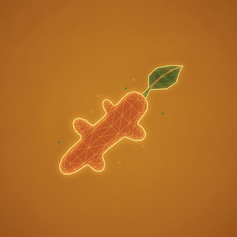 a stylized low-poly wireframe turmeric root with a single leaf curling at the tip