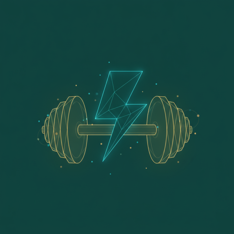 a stylized low-poly wireframe lightning bolt over a dumbbell silhouette