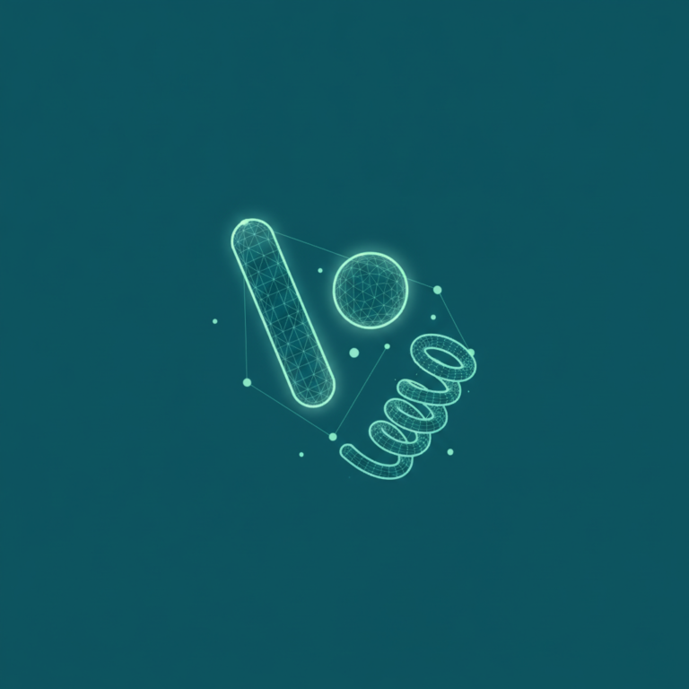 a stylized low-poly wireframe trio of bacterial cell silhouettes — a long rod, a rounded sphere, and a spiral coil — arr