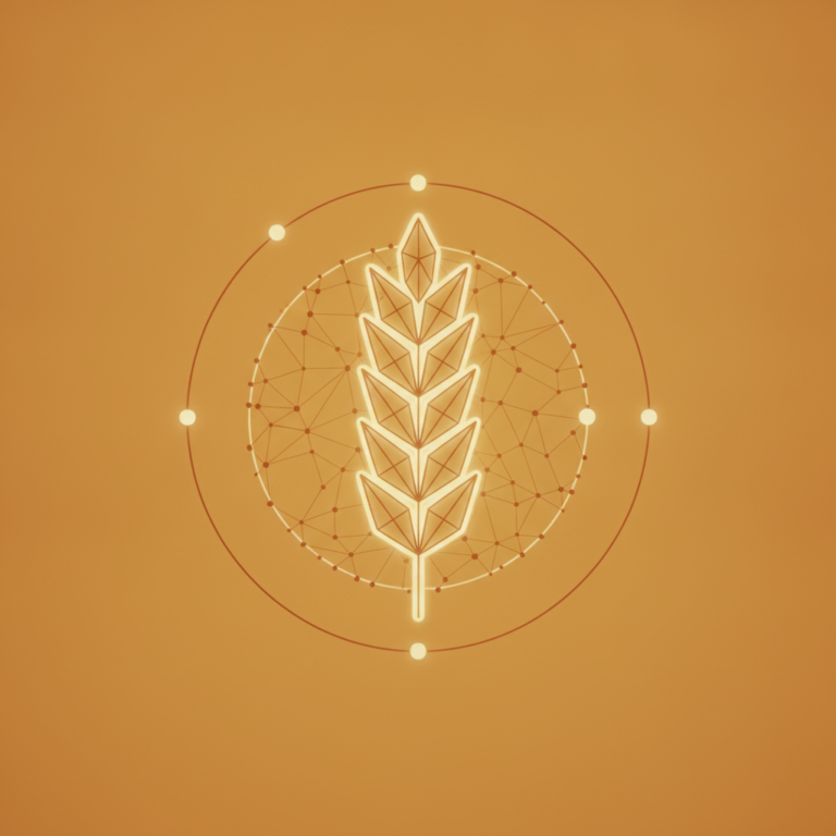 a stylized low-poly wireframe grain stalk silhouette with a small cellular mesh overlay and three orbiting tiny round se