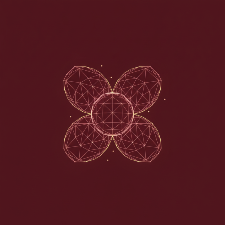 a stylized low-poly wireframe lotus-like cell cluster silhouette with four rounded petal-shaped lobes radiating from a c