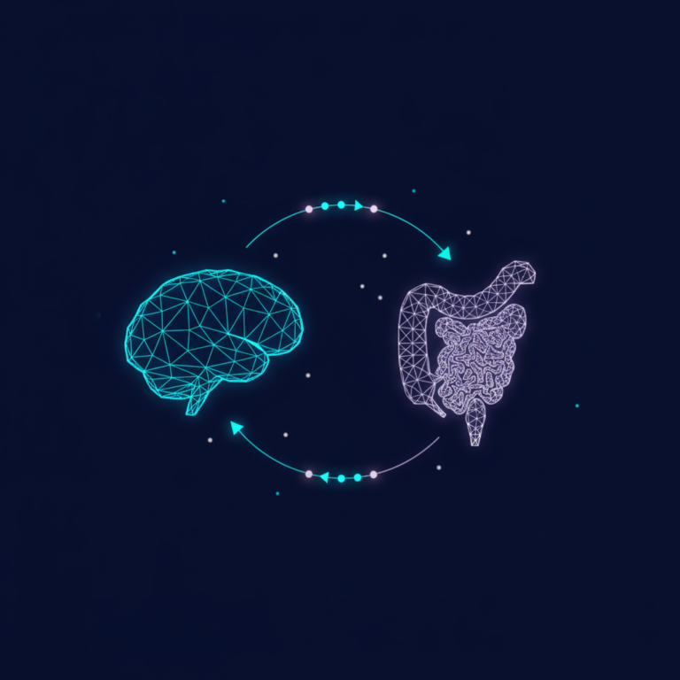a stylized low-poly wireframe dual-node diagram with a smooth curved connection arc linking a brain-silhouette node on o