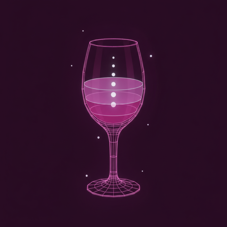a stylized low-poly wireframe tall glass silhouette filled with a layered liquid line, five small rising bubble-dot node
