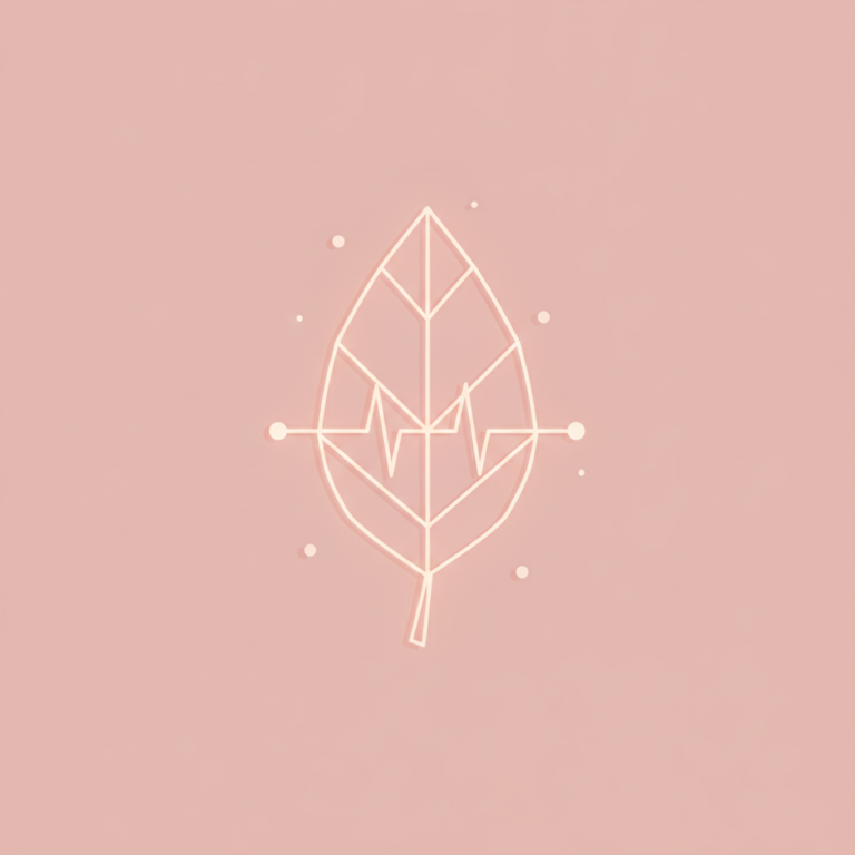 a stylized low-poly wireframe leaf silhouette with a small heart-pulse line