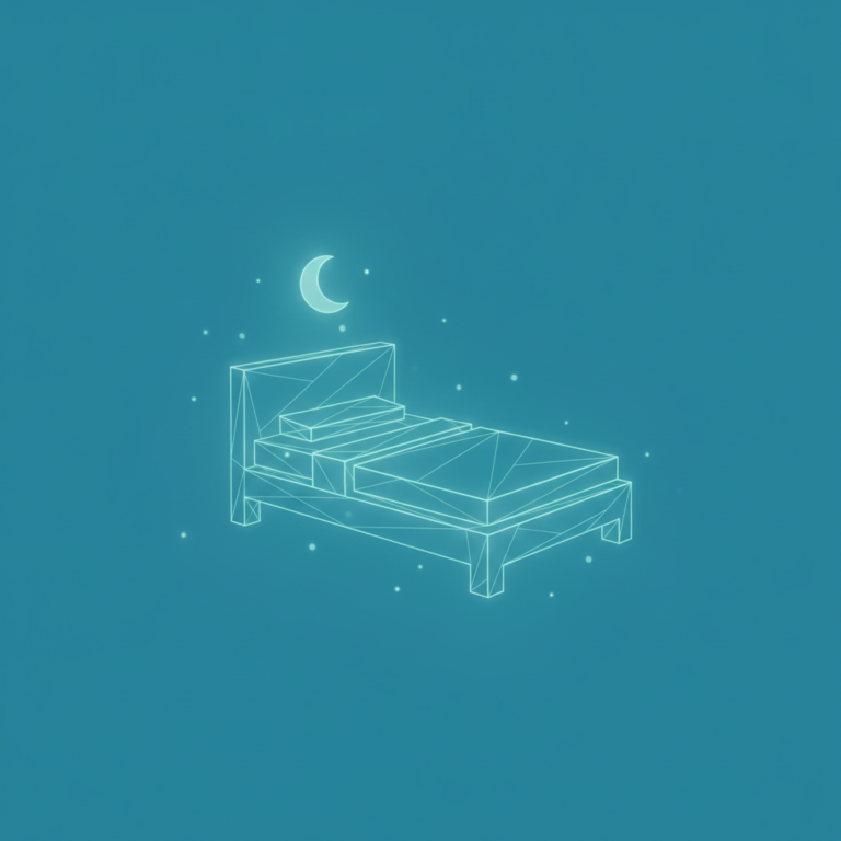 a stylized low-poly wireframe bed silhouette with a small crescent moon icon