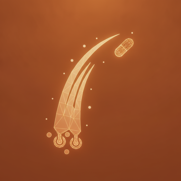 a stylized low-poly wireframe strand-of-hair silhouette curving in a gentle wave with three small root-follicle dot icon