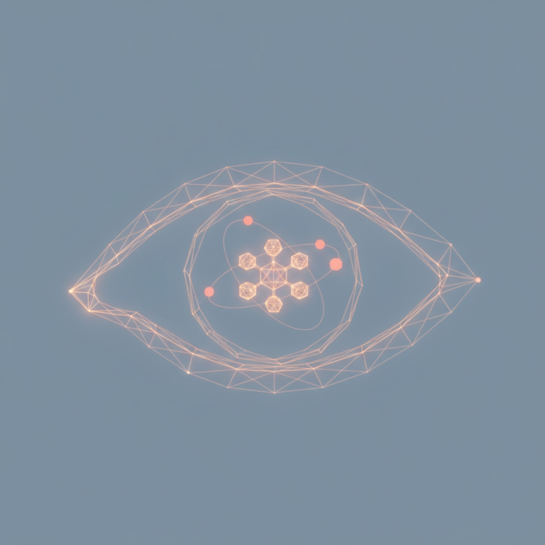 a stylized low-poly wireframe eye silhouette with its iris rendered as a small hexagonal molecular-node cluster and thre