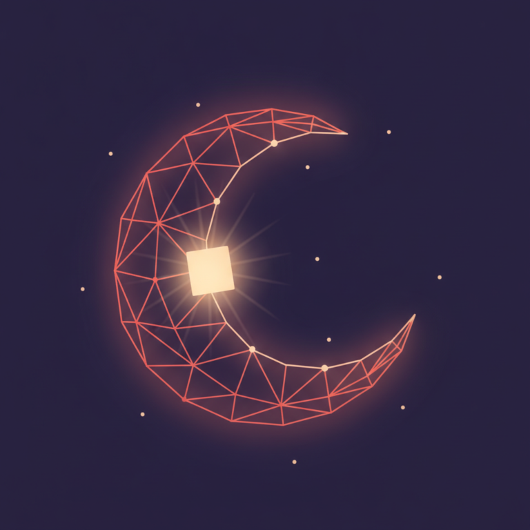 a stylized low-poly wireframe crescent moon with a small radiating light-panel emitting soft rays