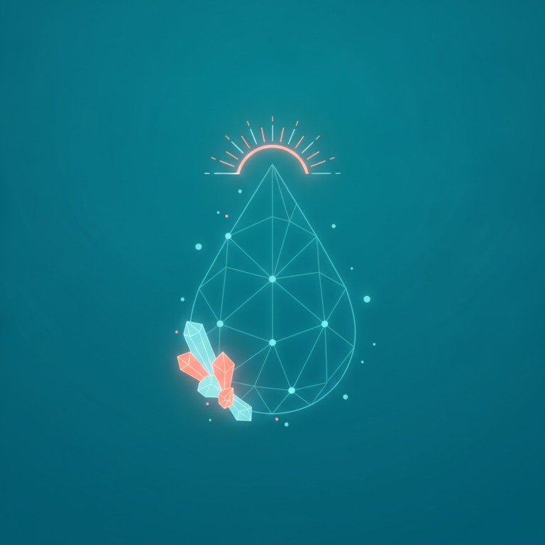 a stylized low-poly wireframe water-droplet silhouette with faceted mineral-crystal accents along its lower curve and a