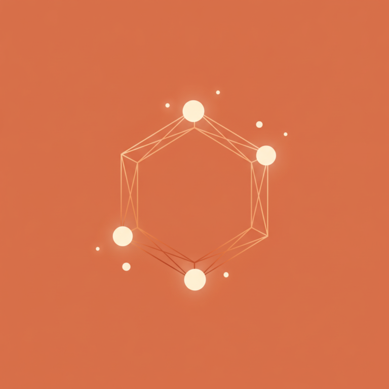 a stylized low-poly wireframe hexagonal molecule-ring silhouette with three small orbiting receptor-node dots evenly spa